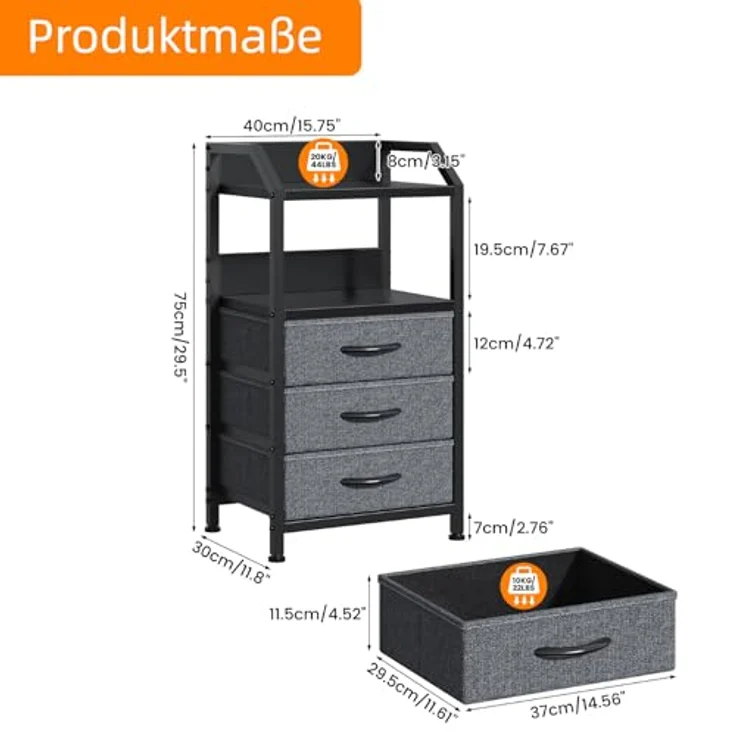 Feonase Nachttisch mit 3 Stoff-Schubladen, Kleine Kommode & Beistelltisch, 2-Fach MDF-Nachtschrank mit offenem Fach, moderner Side Table für Schlafzimmer, Wohnzimmer, Dunkelgrau – Bild 2