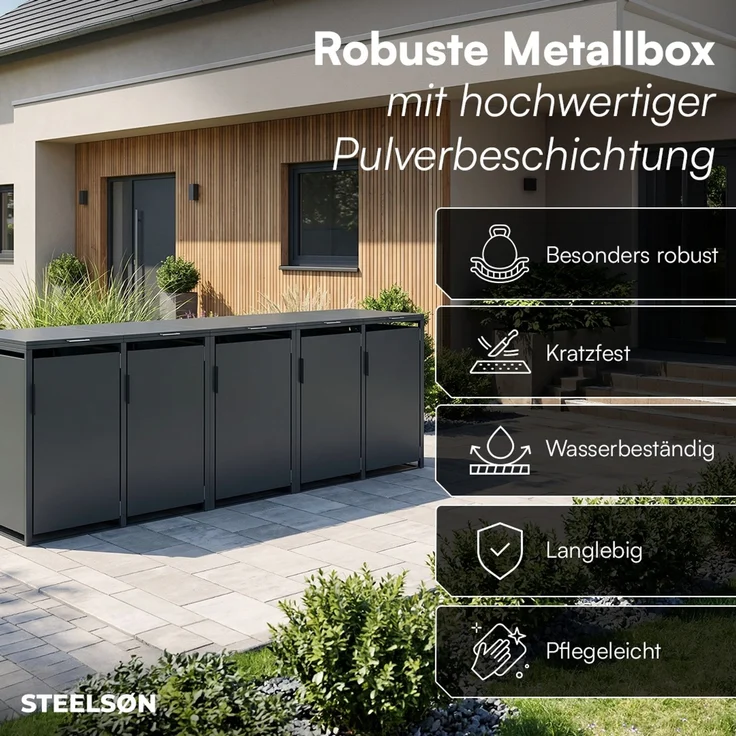 STEELSØN 'Thoria' Mülltonnenbox 5er je 120 Liter, anthrazit, Mülltonnenverkleidung aus Stahl, wetterfest, 102x62x294,5 cm, Müllbox für 5 Tonnen – Bild 4