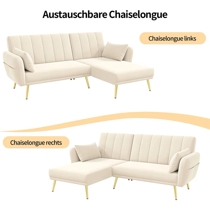 Merax Modernes Klappsofa, L-förmiges Sofa, Schlafsofa mit Zusatzecke, Ecksofa mit Schlaffunktion, Beige – Bild 7