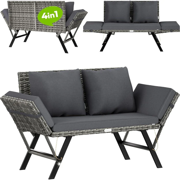 Casaria® Gartenbank mit Liegefunktion / Auflage / Kissen, Polyrattan grau, 176 x 56 x 81 cm – Bild 1