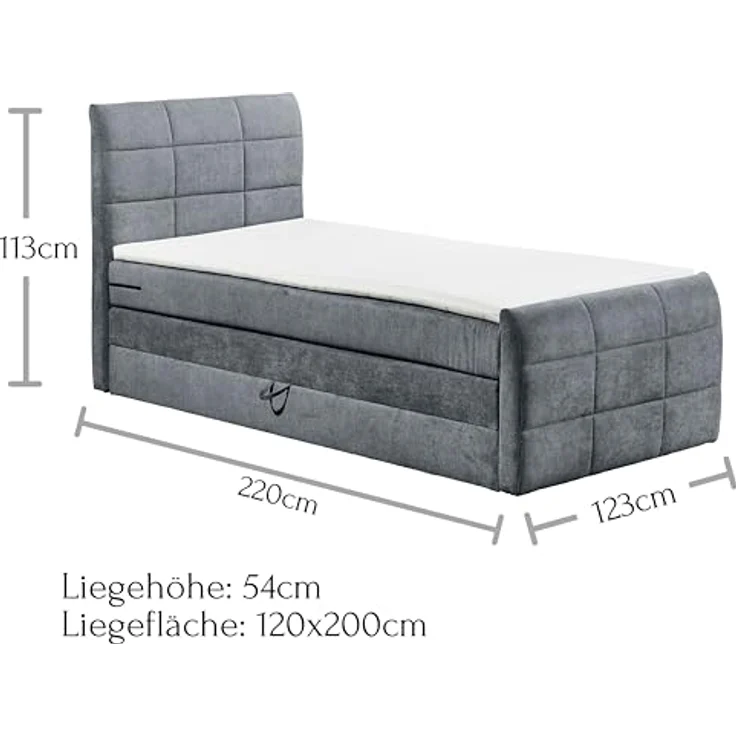 KUBA 2 Boxspringbett 120x200 mit Bettkasten, Anthrazit - Bequemes Bett mit 7-Zonen-Federkern Matratze & Komfortschaum Topper - 123 x 113 x 220 cm (B/H/T) – Bild 4