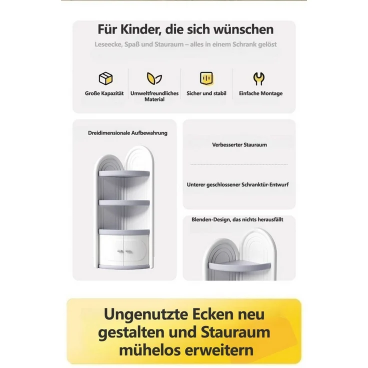 habeig Kinderregal Eckschrank für Kinderzimmer, Weiß-Grau, 138cm Höhe, Türen, abgerundete Kanten, Aussparung für Fussbodenleiste – Bild 2