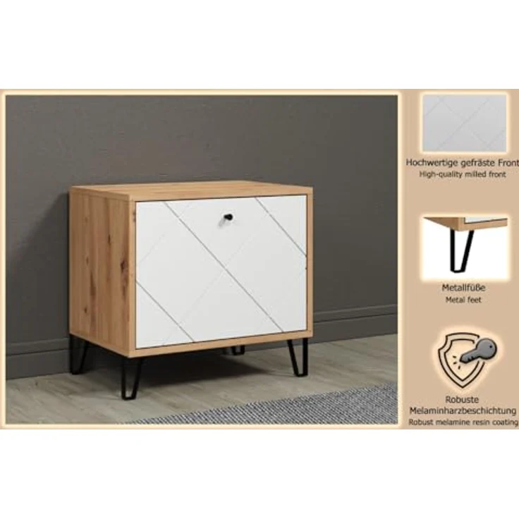 trendteam smart living - Touch - Sitzbank - Eiche/Weiß - Garderobenbank mit Platz für 4 Schuhpaare - Moderne Metallfüße - (BxHxT) 63 x 56 x 40 cm - Klappe mit Soft-Close Funktion - Rautenoptik – Bild 7