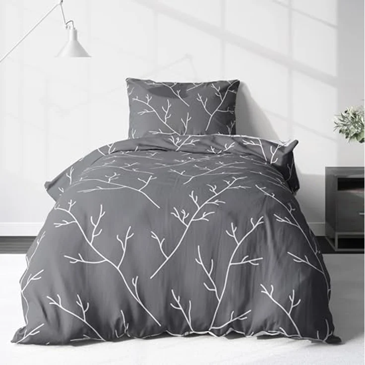 LINKHOFF Wendebettwäsche Biber Bettwäsche 135x200 / 155x220cm - Zweigemuster in Grau Weiß, Anthrazit Zweige 100% Baumwolle Bettwäsche-Set Aesthetic Floral – Bild 2