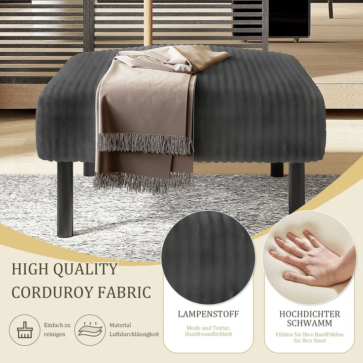 Fußhocker B 56 x T 51 x H 39 cm, grauer Cordbezug und Metallrahmen, 1 Stück – Bild 7