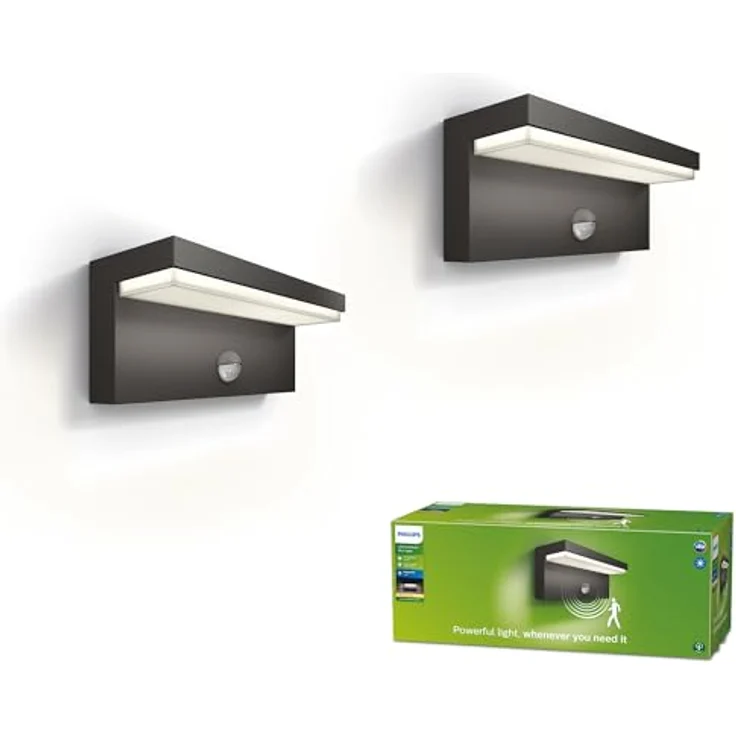 Philips LED Bustan ultra effiziente Außenwandleuchte 9W mit Bewegungssensor, 2700K warmweißes Licht, Anthrazit, IP44 wetterfest, Doppelpack – Bild 2