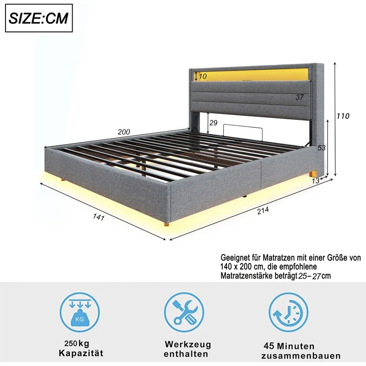 Polsterbett 140x200 cm mit LED-Licht, USB-Anschluss, hydraulischem Stauraum, drehbarem Kopfteil, Leinenstoff – Bild 8