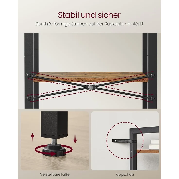 VASAGLE Regal, Bücherregal, Standregal, DVD-Regal, mit 3 Ebenen, Büroregal, offene Ablagen, für Büro, Wohnzimmer, Schlafzimmer, Küche, 24 x 40 x 76,4 cm, vintagebraun-tintenschwarz – Bild 5