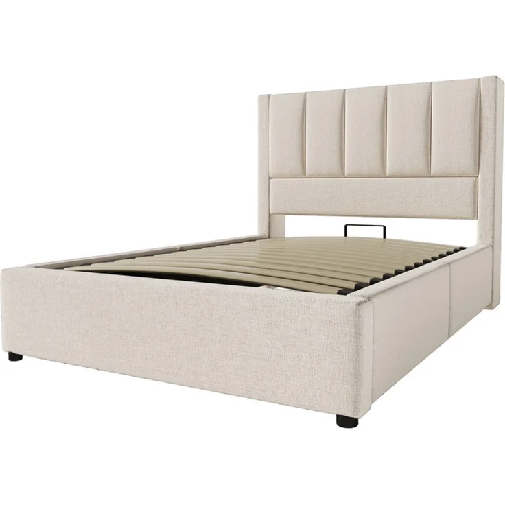 Polsterbett 90x200 cm Einzelbett mit verstecktem Becherhalter & Ladestation, Hydraulisches Bett mit Stauraum unter dem Bett, Inkl. Lattenrost, Leinen Beige (Ohne Matratze) – Bild 5