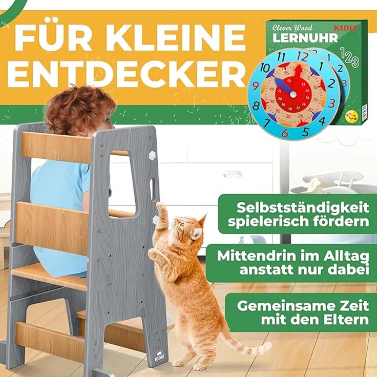 KIDIZ® Lernturm für Kinder ab 1 Jahr inkl. Lernuhr, 3-stufig Höhenverstellbarer Tritthocker aus Kiefernholz, spielerisch motorische Fähigkeiten fördern, Montessori Learning Tower, bis 50 kg belastbar, Grau / Hellbraun, 90 x 40 x 44 cm – Bild 7