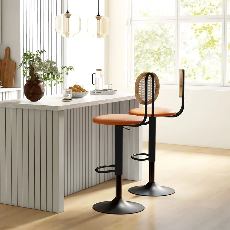 2er-Set Barhocker, höhenverstellbare Barstühle mit Rattan-Rückenlehne und Fußstütze, braun – Bild 4