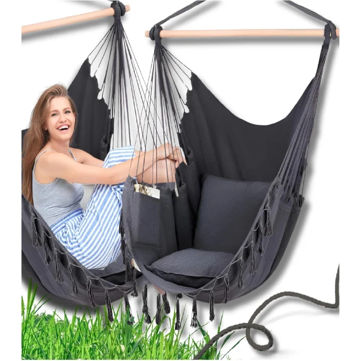 QLS Hängesessel 130x100 cm mit 2 Kissen bis 200 kg Graphit, Hängestuhl Boho-Stil 130 x 100 cm – Bild 1