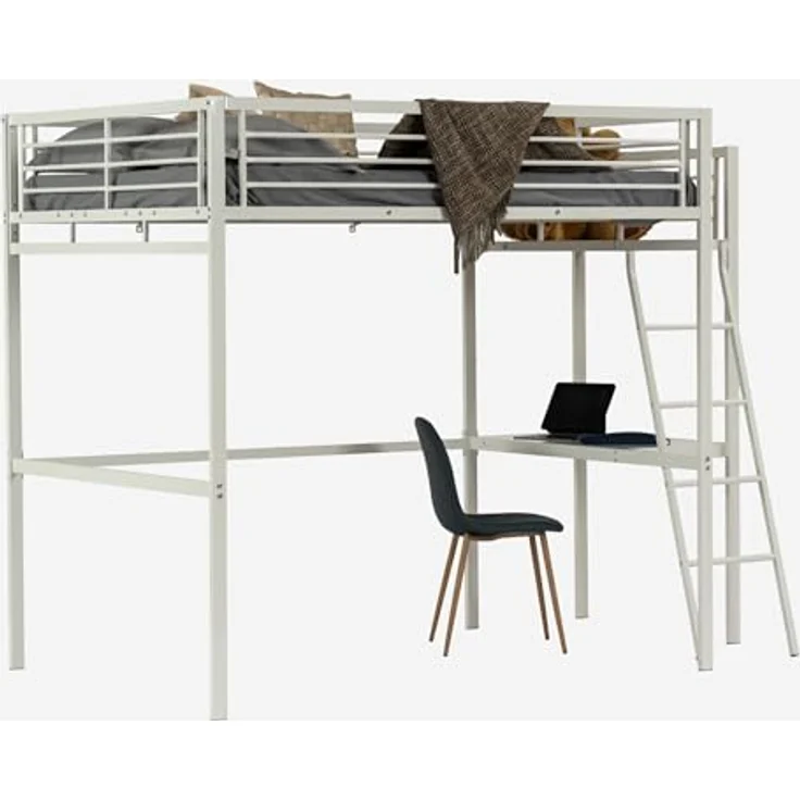 MEUBLE COSY Hochbett 140x190 cm Bettrahmen Etagenbett mit Lattenroste und Schreibtisch aus Glas und Metall, Industriell, für Erwachsene und Kinder, Weiß – Bild 2