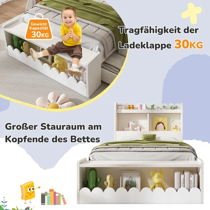 Kinderbett Massivholz/MDF mit 2 Schubladen & Regal, 240x98x100 cm, Weiß/Eichefarben, ohne Matratze – Bild 6