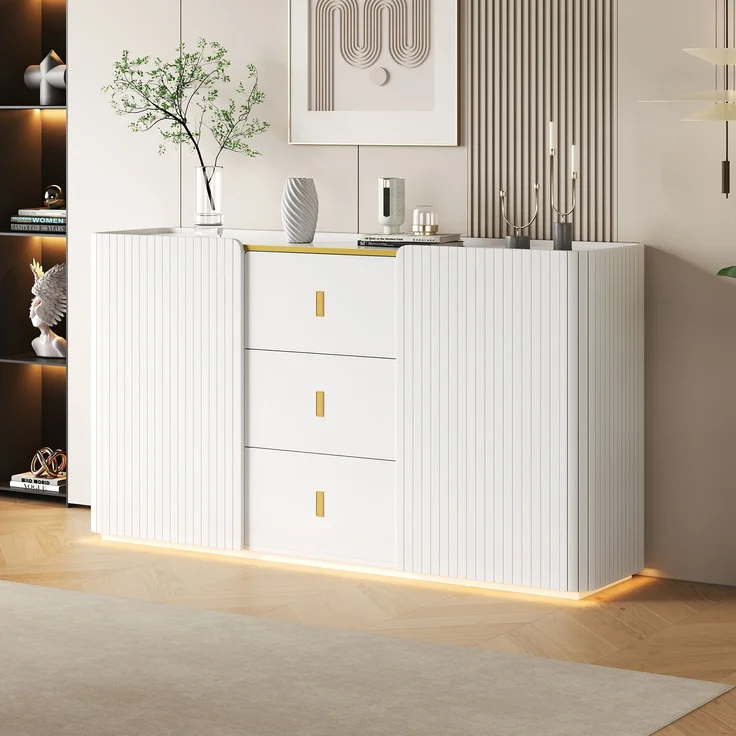Sideboard 150 x 35 x 80 cm aus Spanplatte in Weiß mit 3 Schubladen, 2 Türen und LED-Beleuchtung – Bild 2
