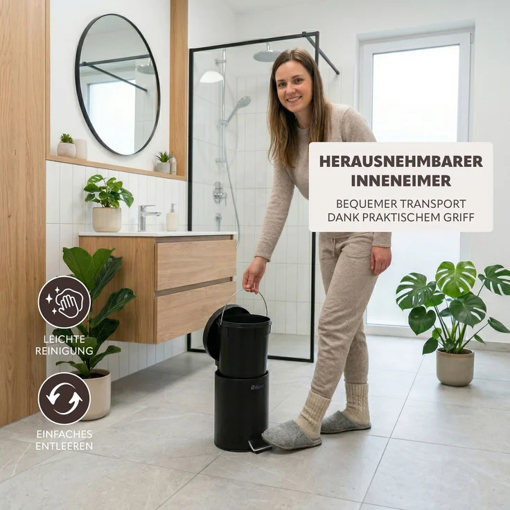eluno Kosmetikeimer AGLIANO, Treteimer 3 Liter Fassungsvermögen, Metall, Schwarz, ca. 17 x 25,5 x 20 cm (B/H/T) – Bild 6