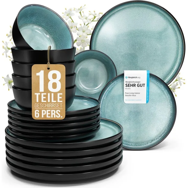 PURE LIVING INTERIOR DESIGN Geschirr-Set Pure Living »Ibiza« (18-tlg), 6 Personen, Steingut, Petrol, 6 Personen, Steingut, Mediterrane Handwerksoptik, Reaktive Glasur – jedes Stück einzigartig…