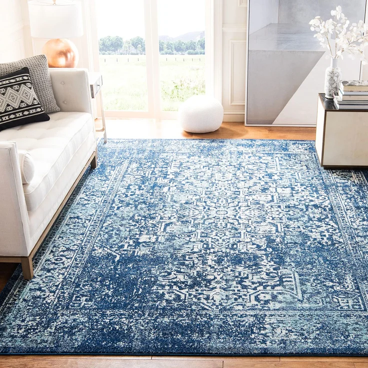 SAFAVIEH Traditionell Teppich für Wohnzimmer, Esszimmer, Schlafzimmer - Evoke Collection, Kurzer Flor, Marine und Elfenbein, 90x90 cm