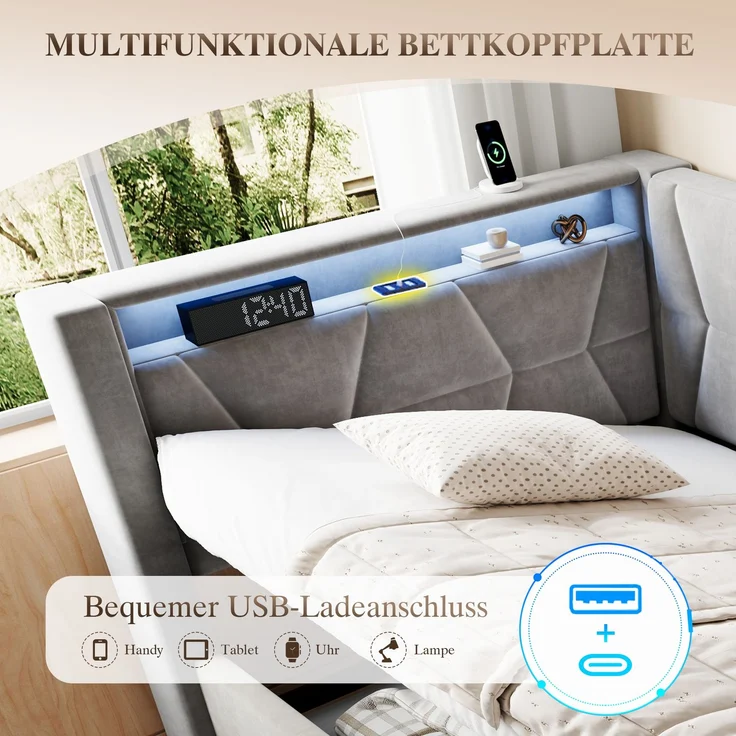 LVHOM Einzelbett 90x200 cm mit Stauraum, Polsterbett mit LED, USB und Type-C, Jugendbett, Hydraulischem Bettgestell, Samt, Grau – Bild 5