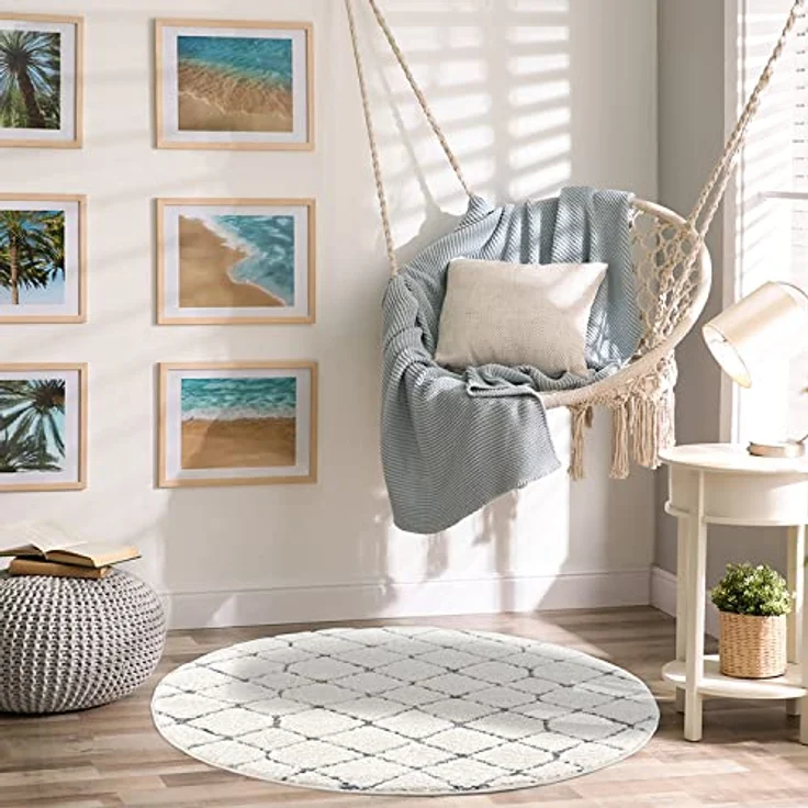 Teppich Rund - Hochflor - Boho - Pastell Cream Grau - 160x160cm - Modern Raute Muster - Skandinavisch Flauschig Weich - Wohnteppich Schlafzimmer Dekoration – Bild 3
