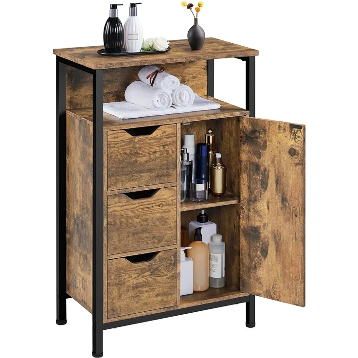 Yaheetech Badezimmerschrank Unterschrank mit 3 Schubladen und Tür Rustikaler Badkommode Badschrank Beistellschrank verstellbare Regalebene fürs Badezimmer/Wohnzimmer/Flur/Küche 55,5 * 30 * 86,5cm