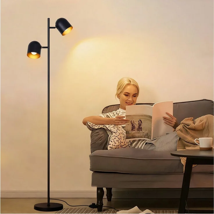 Nettlife Stehlampe Wohnzimmer Schwarz Metall Industrielle Retro Leselampe 2 E14 Fassungen, 350° schwenkbar, ohne Leuchtmittel, Stehleuchte Leselampe Retro für Schlafzimmer Wohnzimmer – Bild 1
