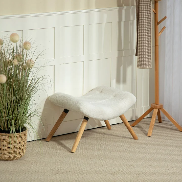 MELAYR, Moderner Fußhocker mit Fleece-Bezug und Holzbeinen, gepolstert, für Wohnzimmer, 67 x 45 x 38 cm, Cremeweiß – Bild 3