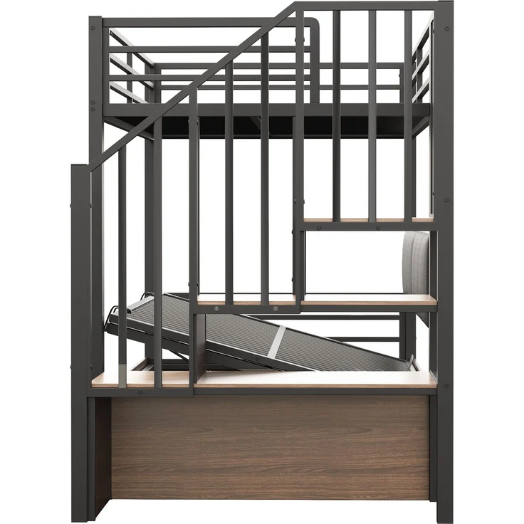 Merax Hochbett 90 x 200 cm, Etagenbett, Jugendbett, Weich gepolsterte Rückenlehne aus PU, Hydraulische Funktion, Sicherheitsleiter, Schwarz – Bild 7