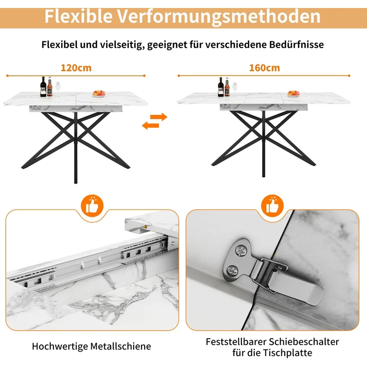 Ausziehbarer Esstisch 120/160x80x66,1 cm, weiß, mit sternförmigen Metallbeinen & Marmoroptik – Bild 7