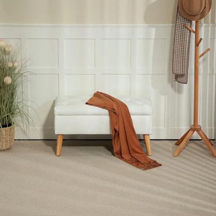 HOMCOM Sitzbank mit Stauraum, Deckel, Samtoptik (Truhenbank, 1-St, Polsterbank), für Flur Schlafzimmer Wohnzimmer, Gummiholz 102 x 35 x 43 cm Weiß – Bild 10