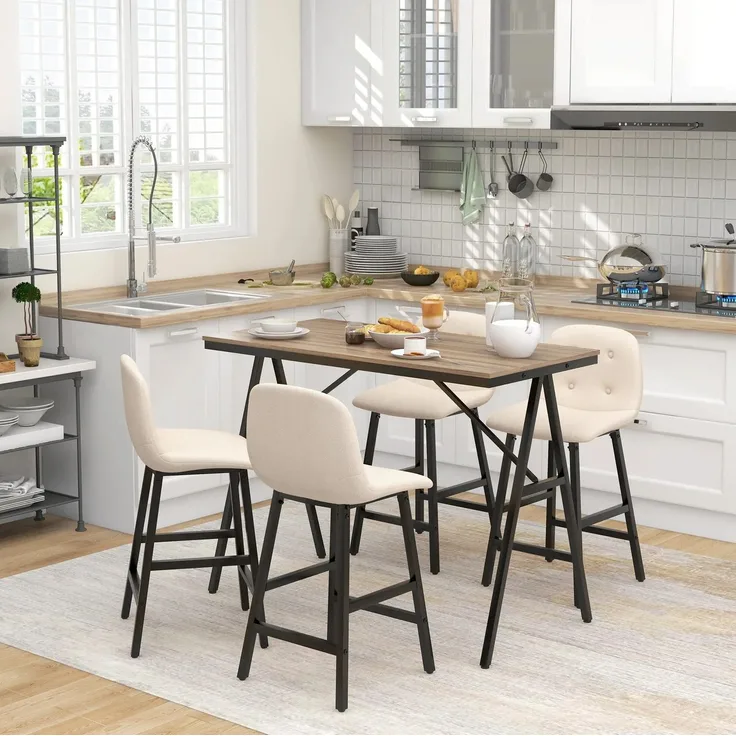 Bartisch-Set 120x60x91 cm mit 4 gepolsterten Barhockern, Stahlgestell, Beige