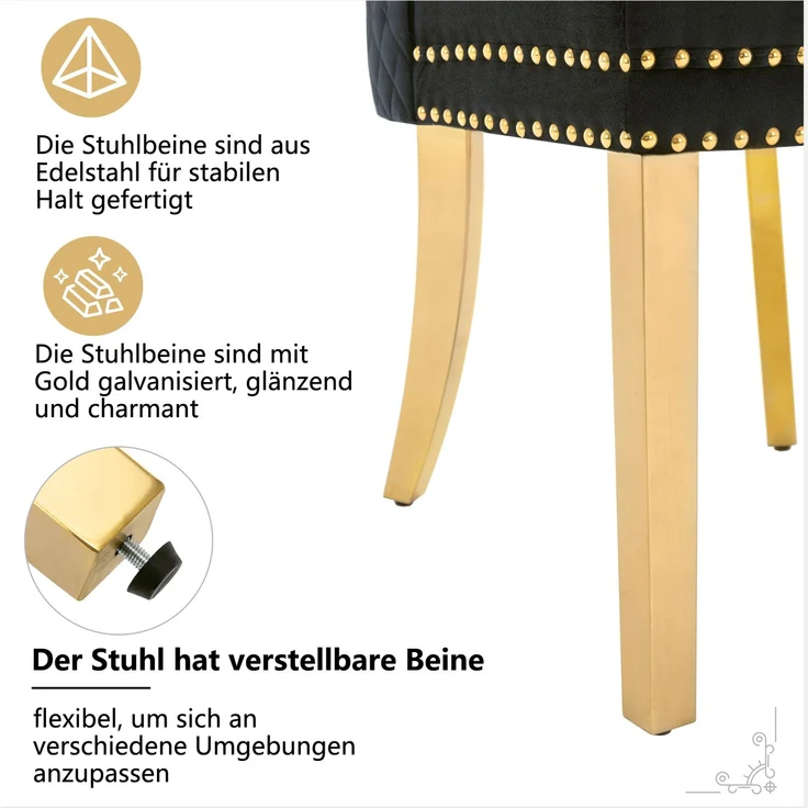 Esszimmerstuhl mit Samtbezug, Edelstahlbeinen und Türklopfer-Design, luxuriöser Polsterstuhl mit Nagelkopfverzierung,verstellbare Füße,Schwarz – Bild 7