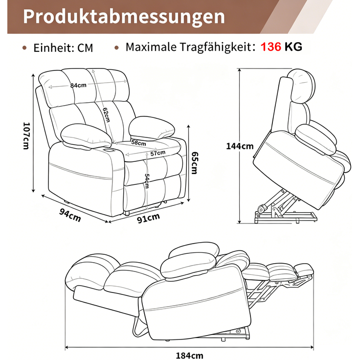DESVIAE Sessel Grau aus Flanellstoff – 91x106,5x91 cm – Aufstehhilfe, Massagefunktion – Bild 9