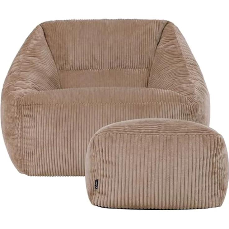 Icon Natalia Sitzsack Sessel mit Hocker für Erwachsene, Mokkabraun, Flauschiger Cord Stoff, Riesen Sitzsack Cord mit Füllung, Bean Bag Chair, Bequemer Sessel Wohnzimmer, Lounge, Schlafzimmer, Büro – Bild 1