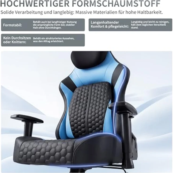 JUMMICO Gaming-Stuhl mit Verstellbarer Lendenwirbelstütze & 2D-Armlehnen, 90-140° Neigbar, Ergonomischer Computerstuhl aus Kunstleder, Atmungsaktiver Bürostuhl für Gamer & Büro, 150 kg, Blau – Bild 9