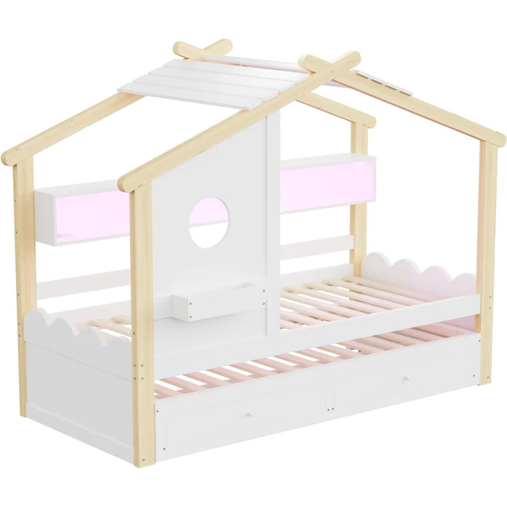 Merax Kinderbett, Jugendbett, 90x200cm, mit Ausziehbett 90x190cm, mit 2 Schubladen, mit USB- und Typ-C-Ladeanschlüssen und LED, mit Einlegeböden, Weiß + Natur – Bild 7