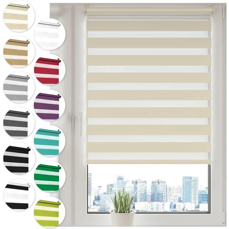 Doppelrollo Klemmfix ohne Bohren 120x150 cm Creme Duo Rollo Klemmrollo Sonnenschutzrollo Fensterrollo für Fenster & Türen Zebrarollo Seitenzugrollo – Bild 1