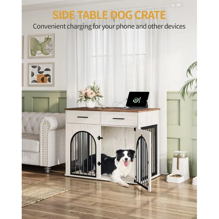Hzuaneri Hundekäfig, mit 2 Schubladen, für den Innenbereich mit Ladestation, Beistelltisch, für mittelgroße/große Hunde, Holz Weiß Braun, 100 × 60 × 81 cm – Bild 5