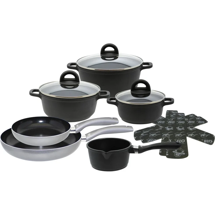 Elo Topf-Set Black, Ducato, Aluminiumguss (Set, 11-tlg, 3 Töpfe mit Deckel, 1 Stielkasserolle, 2 Bratpfannen, 2 Stapelschutz), mit hochwertiger Antihaftversiegelung, Induktion – Bild 1