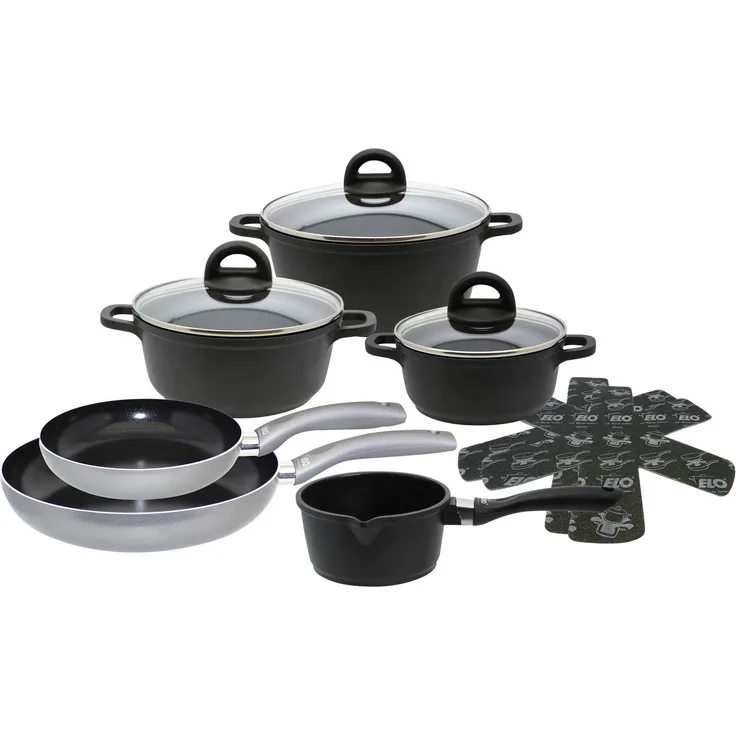 Elo Topf-Set Black, Ducato, Aluminiumguss (Set, 11-tlg, 3 Töpfe mit Deckel, 1 Stielkasserolle, 2 Bratpfannen, 2 Stapelschutz), mit hochwertiger Antihaftversiegelung, Induktion
