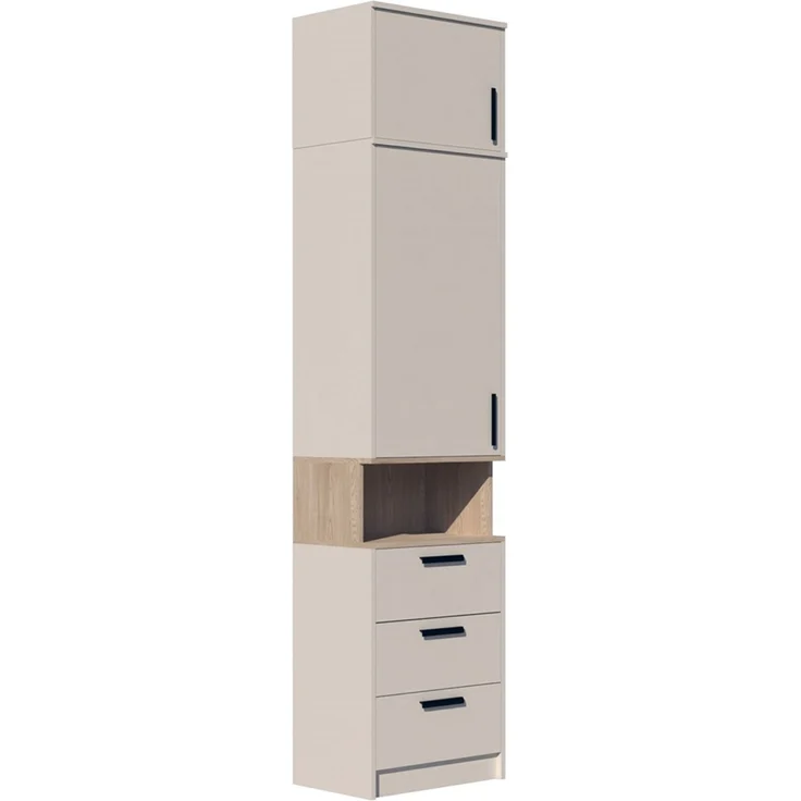 Marmex Möbel Grant 06/14C Mehrzweckregal, Standregal, Kombiregal, mit Aufsatz, Bücherregal mit 3 Schubladen, laminierte Spanplatte, graubeige cashmere+cremona torro, 52x235x40 cm – Bild 1