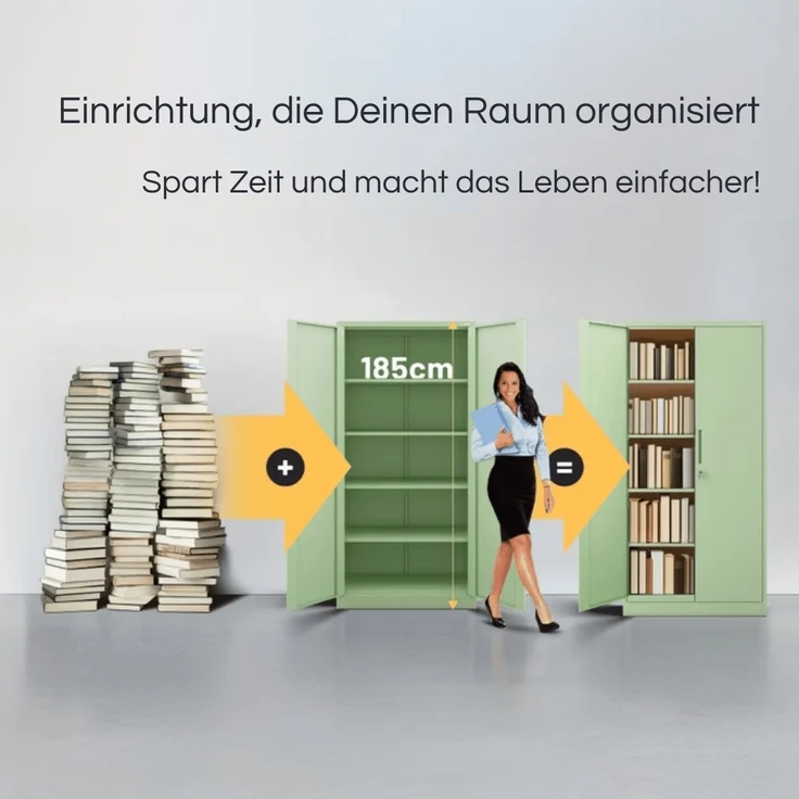 Aktenschrank abschließbar KADO - 5 Ebenen verstellbar, Flügeltüren | Metallschrank Werkstatt Mehrzweckschrank Büroschrank aus Stahl Werkzeugschrank, 185x90x40cm Pastellgrün – Bild 3