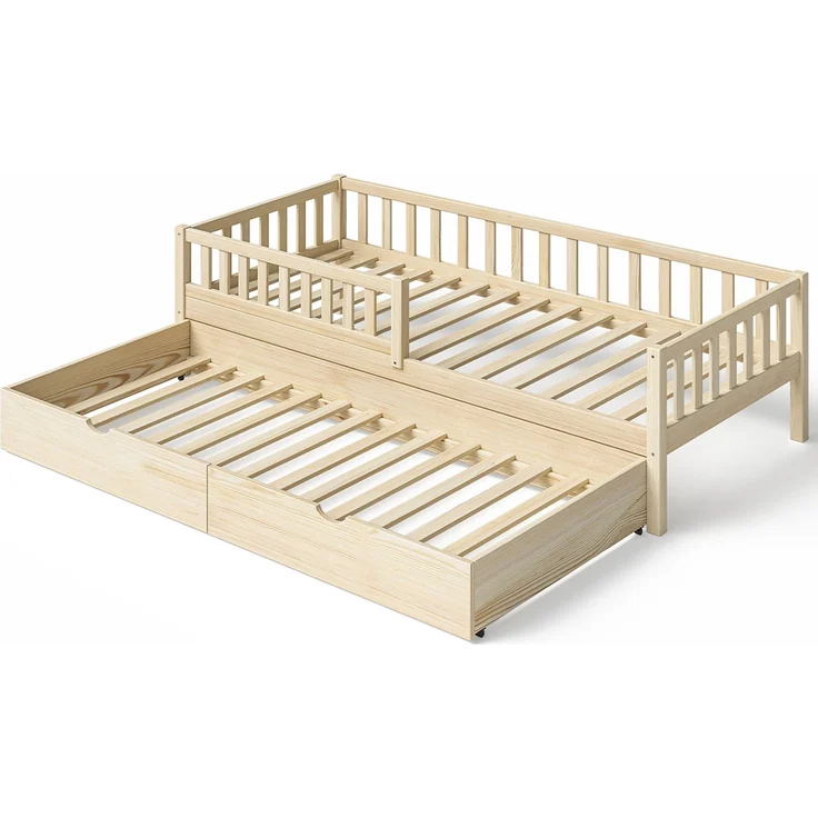 Bellabino 'Vils' Kinderbett 90x200 cm mit Gästebett 90x190 cm und 2 Matratzen, natur, Kiefer Massivholz, Montessori Bett mit Ausziehbett, mit abnehmbarem Rausfallschutz und Lattenrost – Bild 11