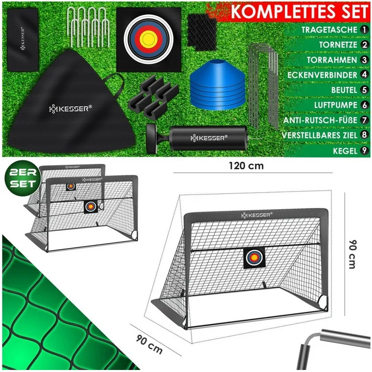 KESSER Pop-Up Fußballtor, 2er Set, mit Transporttasche, 6x Hütchen, Ballpumpe & Zielscheibe, Glasfaserstangen, 120x90 cm, Anthrazit – Bild 3