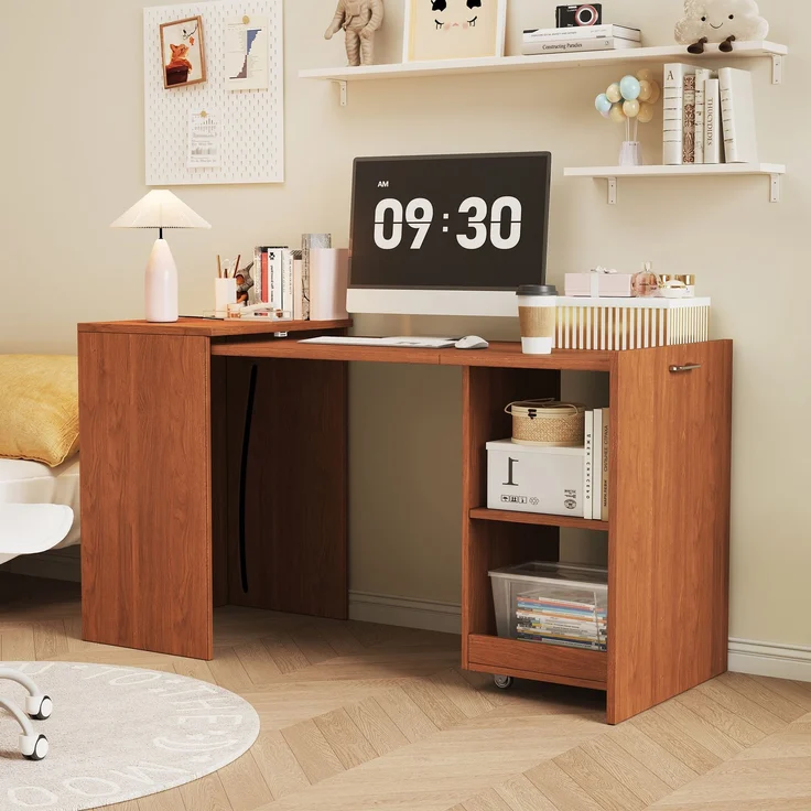 Schreibtisch aus Spanplatte, klappbar mit 4 Ablagefächern & Rollen, 126x55x75 cm, Walnuss – Bild 1
