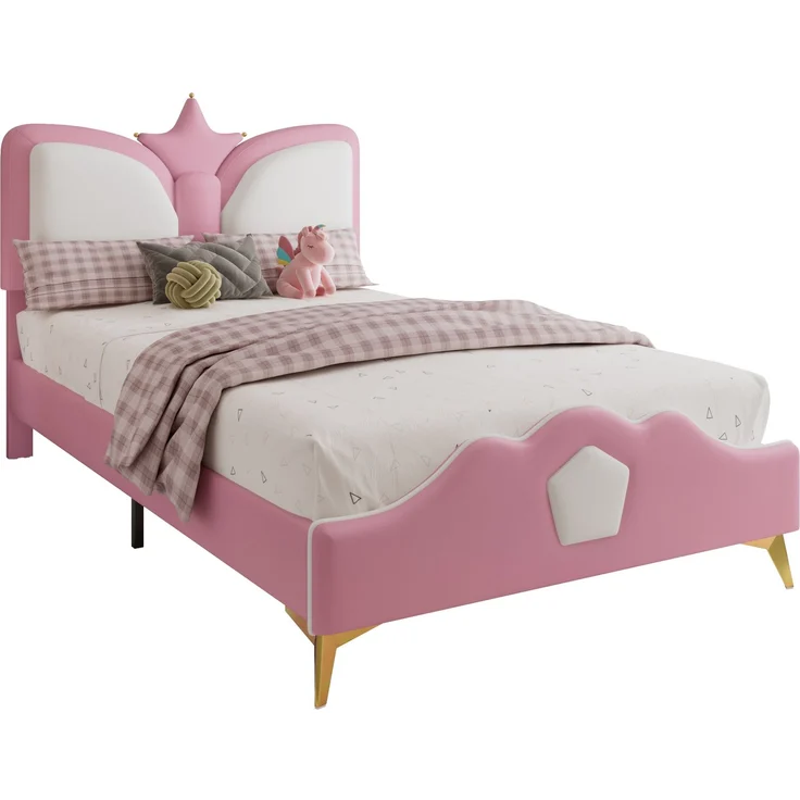 Merax Polsterbett, 90 x 200cm Einzelbett, Kinderbett, Kopfteil mit Kronenform, Weiche Antikollisions-Schwammkante und Kopfteil, Rosa+Weiß – Bild 10