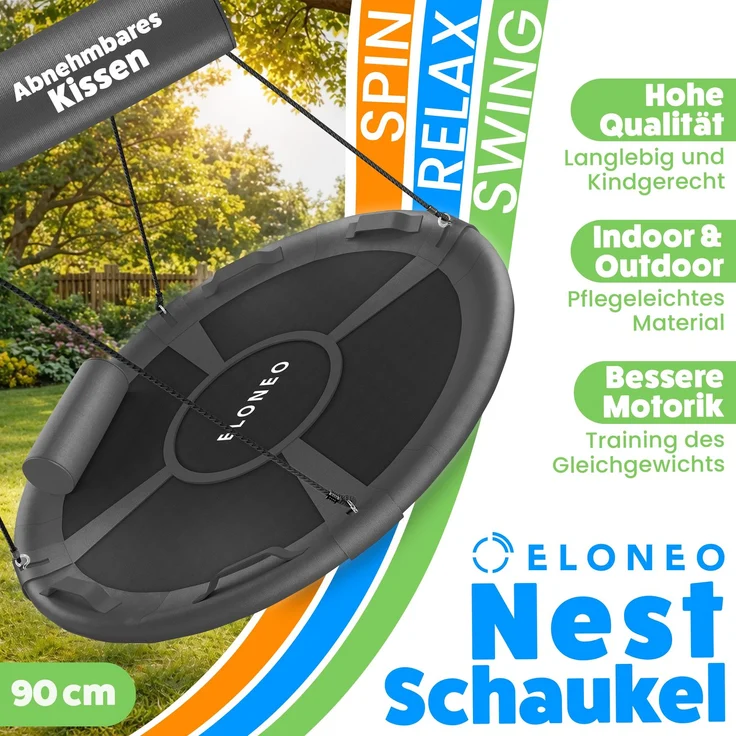 ELONEO Nestschaukel Outdoor & Indoor mit 90 oder 120 cm Durchmesser, Tellerschaukel, höhenverstellbare Hängeschaukel inkl. Kissen, Griffen und Zubehör-Set, Schwarz - 90cm – Bild 2