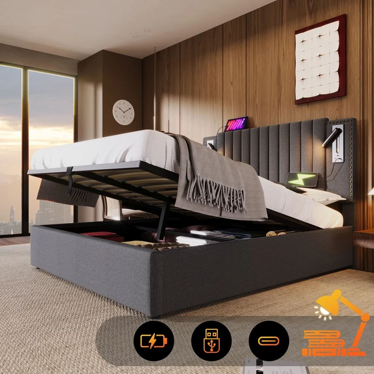 TavilaEcon Boxspringbett mit verstellbarem Kopfteil, Polsterbett Grau Liegefläche 160 × 200 cm – Bild 1