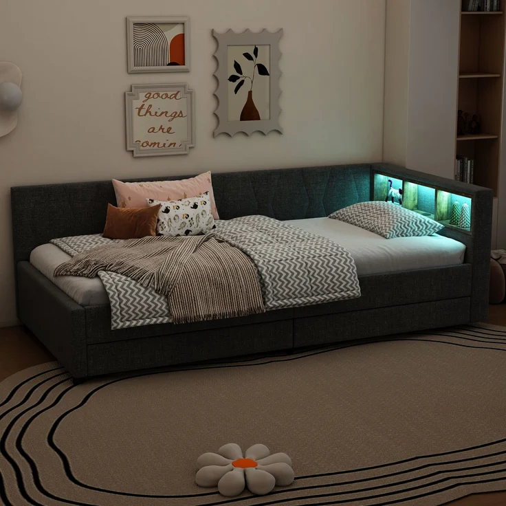 Daybett 90x200 cm mit Ablagefach – Schlafsofa aus Leinen und MDF mit USB-Anschluss, ohne Matratze – Bild 4