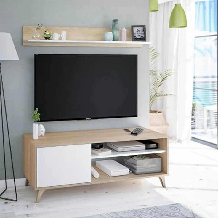 CaliCosy TV-Möbel mit 2 Nischen und 1 Tür mit seinem Wandregal Kikua Plus - L135 cm - Weiß – Bild 2